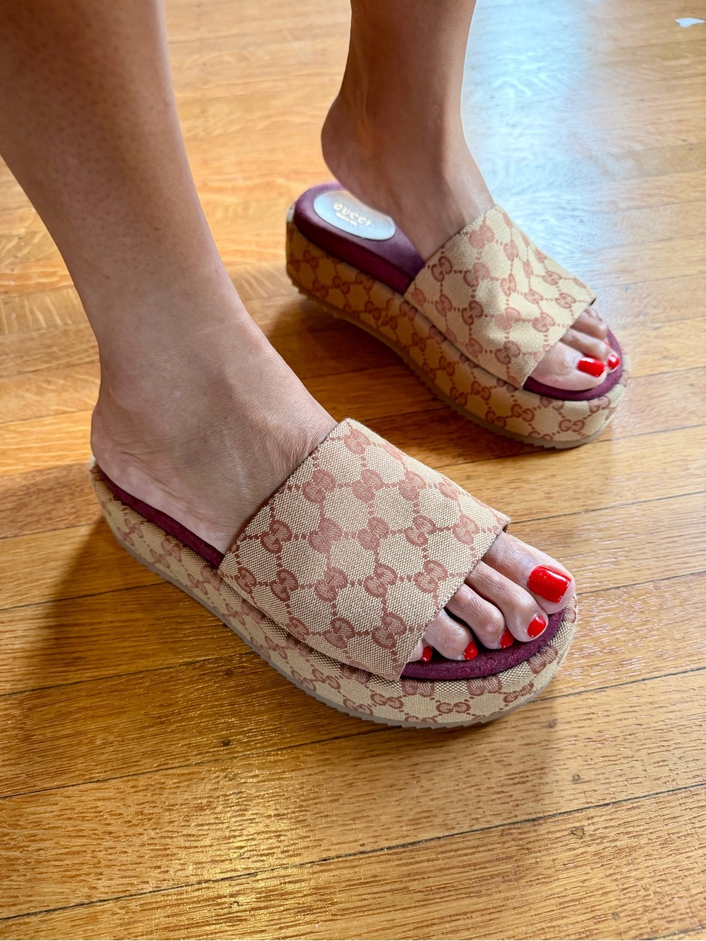 Gucci Beige and Pink GG Monogram Platform Slide Sandals - Picture 6 of 7